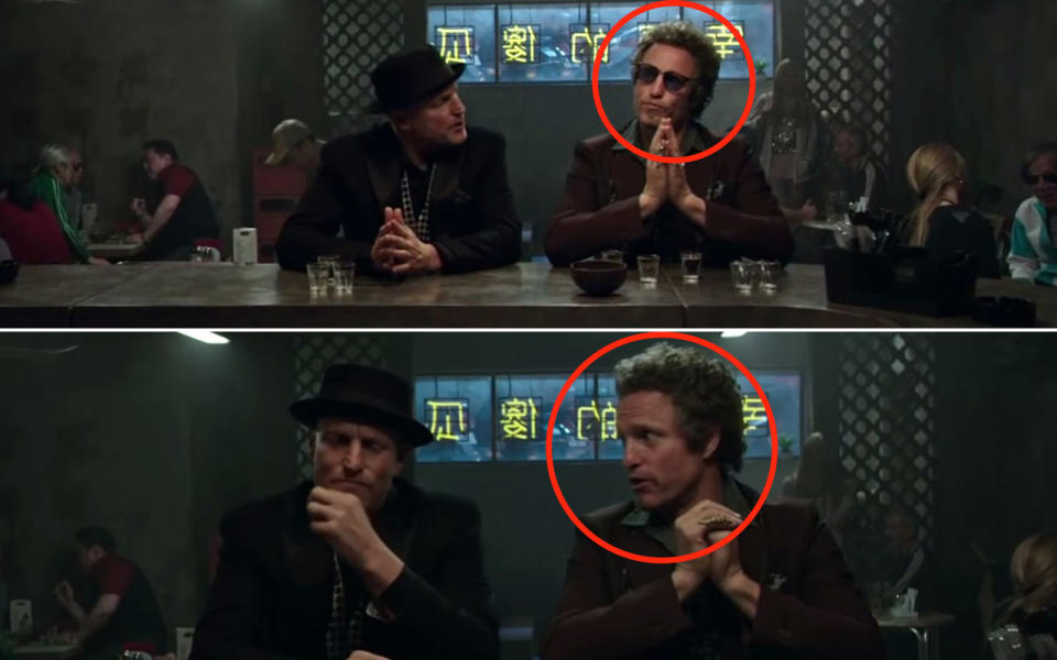 <p>While Chase and Merritt are drinking in the bar, in one shot Chase is wearing sunglasses, in the next shot the sunglasses have disappeared. Credit: eOne UK </p>