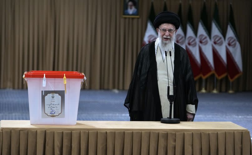 Iranian Supreme Leader Ayatollah Ali Khamenei speaks after casting his vote for the presidential runoff election in Tehran, 5 July 2024