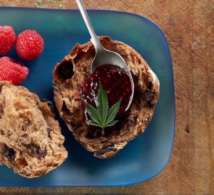 Cannabis leaf on a plate of food