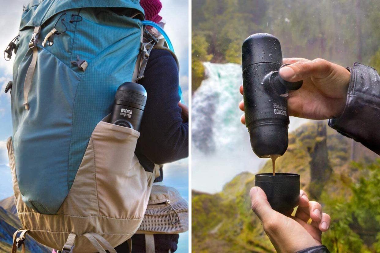 Wacaco minipresso in a hiking backpack and making espresso by a waterfall