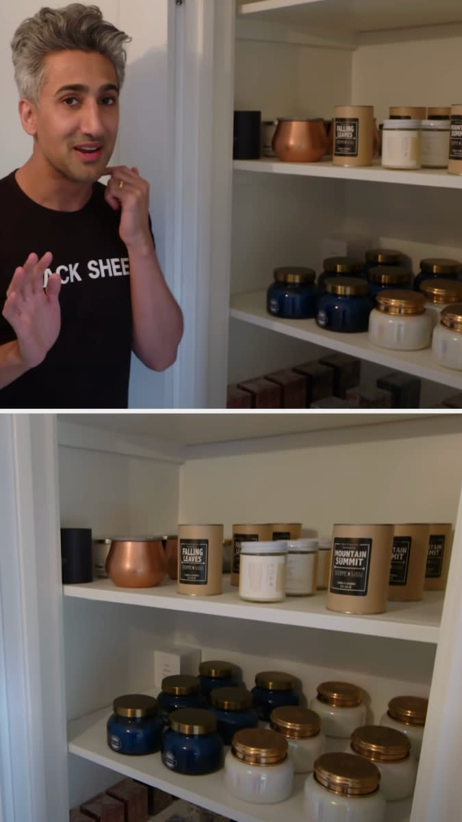 Tan France showing AD his candle closet