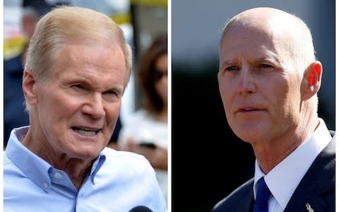 Senator Bill Nelson, left, and current Florida governor Rick Scott, right, are facing off in a brutal senate race - Credit: Kevin Kolczynski/Reuters