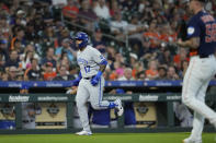 Kansas City Royals' Nelson Velazquez (17) runs down the third base line after hitting a home run off Houston Astros starting pitcher Hunter Brown (58) during the third inning of a baseball game Sunday, Sept. 24, 2023, in Houston. (AP Photo/David J. Phillip)