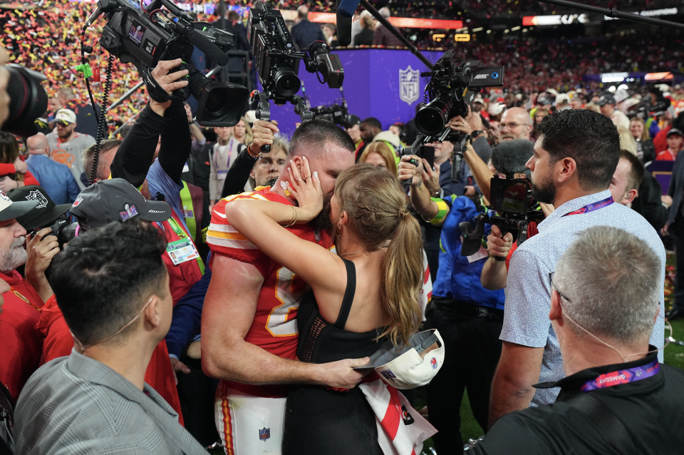 Travis Kelce and Taylor Swift at Super Bowl 2024.