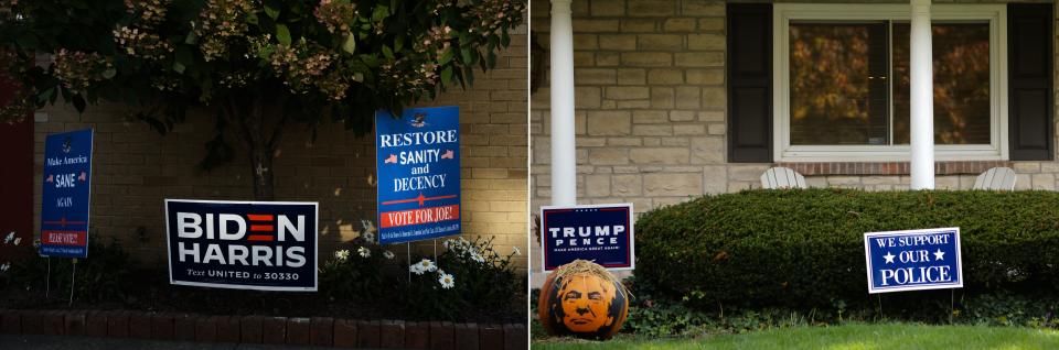 On the left, signs in support of Democratic presidential candidate and former vice president Joe Biden sit outside the Yoss Law Office on Friday, Oct. 9, 2020 in Woodsfield, Ohio. Long a Democratic stronghold, Monroe County, where Woodsfield is the county seat, voted for President Barack Obama in 2008, but broke heavily for President Donald Trump in 2016. On the right, a sign in support of police and a Donald Trump sign on Friday, Oct. 23, in the Worthington Hills neighborhood on Columbus, Ohio. Ohio House District 21 was formed in 1992 and had been held by a Republican until 2018, when Democrat Beth Liston won the seat.