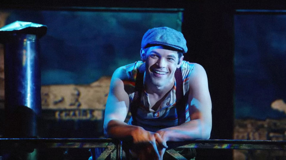 jeremy jordan in a newsboy cap as jack kelly in newsies