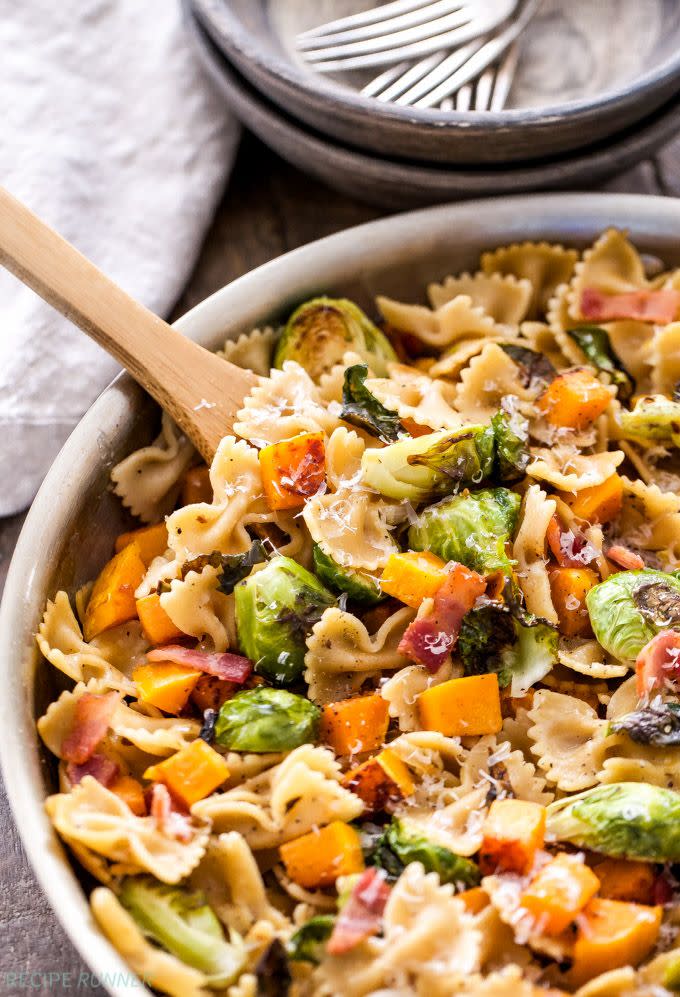 Bacon, Brussels Sprouts, and Butternut Squash Pasta