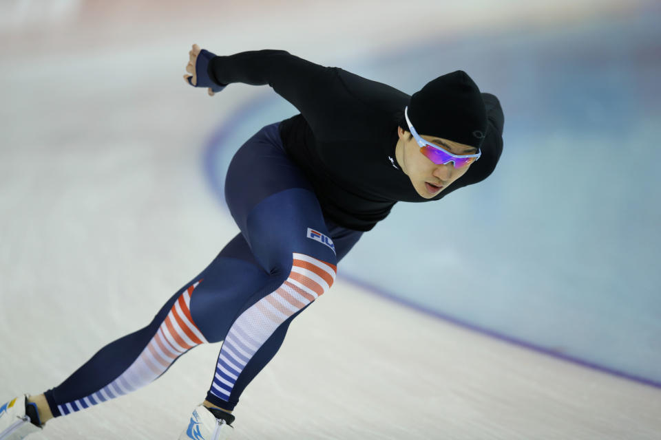 South Korean speedskater Mo Tae-Bum trains at the Adler Arena Skating Center during the 2014 Winter Olympics in Sochi, Russia, Friday, Feb. 7, 2014. (AP Photo/Pavel Golovkin)
