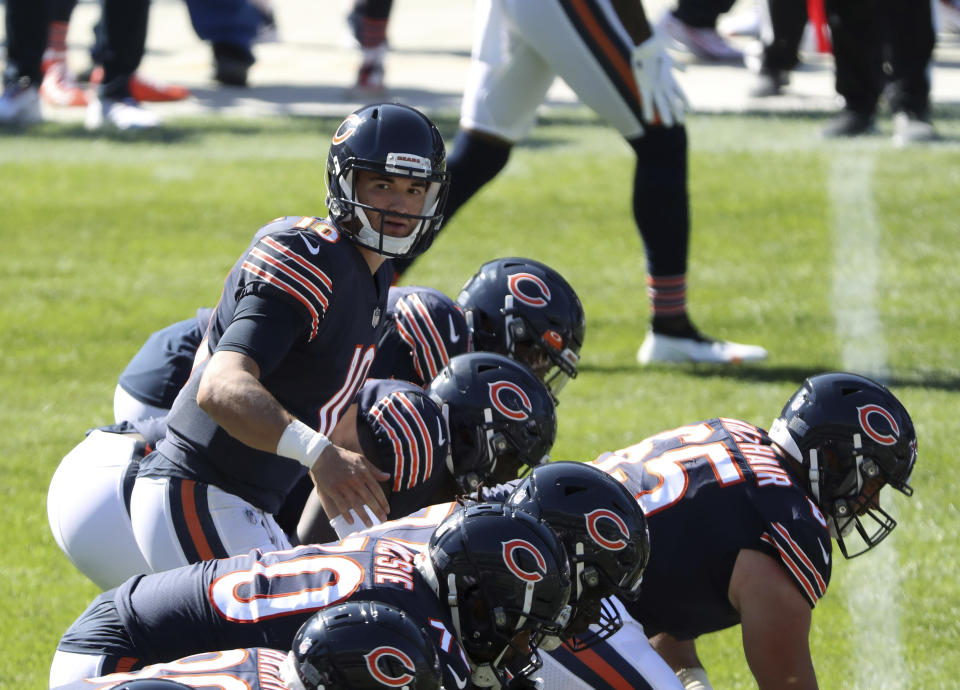 Chicago Bears quarterback Mitch Trubisky (10) calls out a play in the fourth quarter of an NFL football game against the New York Giants, Sunday, Sept. 20, 2020, in Chicago. (John J. Kim/Chicago Tribune via AP)