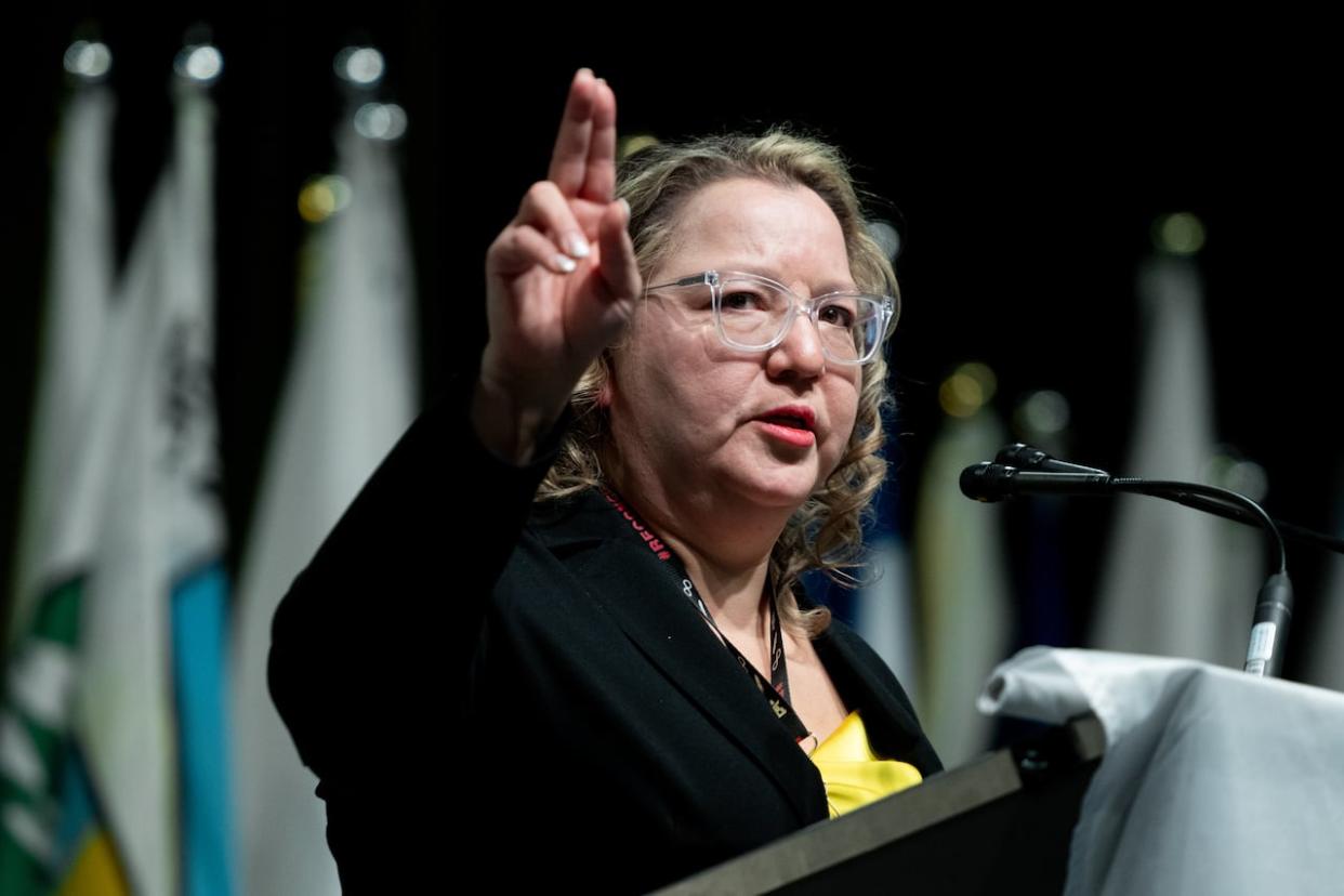 National chief candidate Cindy Woodhouse speaks during the All Candidates Forum on the first day of the Assembly of First Nations Special Chiefs Assembly in Ottawa, on Tuesday. Woodhouse led on the first ballot with 35.1 per cent support. (Spencer Colby/The Canadian Press - image credit)