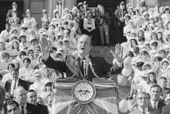 Hubert Humphrey, Vice President under Lyndon Johnson, makes a speech during an unsuccessful attempt at the presidency in 1968.<span class="copyright">Wally McNamee—CORBIS/Corbis/Getty Images</span>