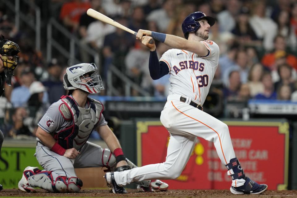 Houston Astros' Kyle Tucker (30) watches his three-run home run against the Cleveland Guardians during the fifth inning of a baseball game Tuesday, May 24, 2022, in Houston. (AP Photo/Eric Christian Smith)