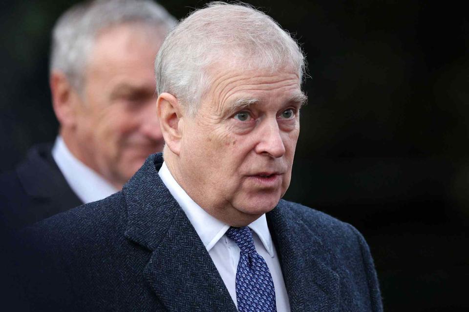 <p>ADRIAN DENNIS/AFP via Getty</p> Prince Andrew after attending the royal family