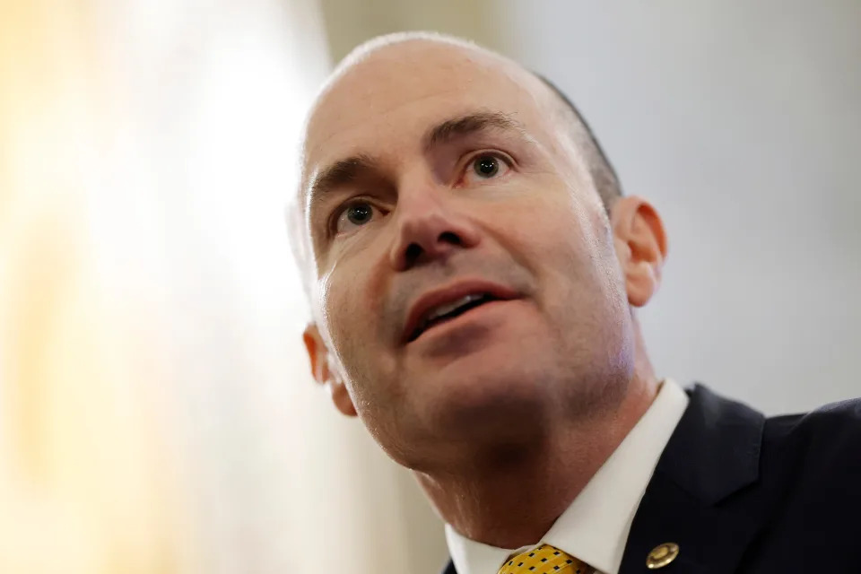 Sen. Ted Budd (R-NC) and Sen. Mike Lee (R-UT) speak to reporters outside the Senate Chambers in the U.S. Capitol on March 22, 2024 in Washington, DC.