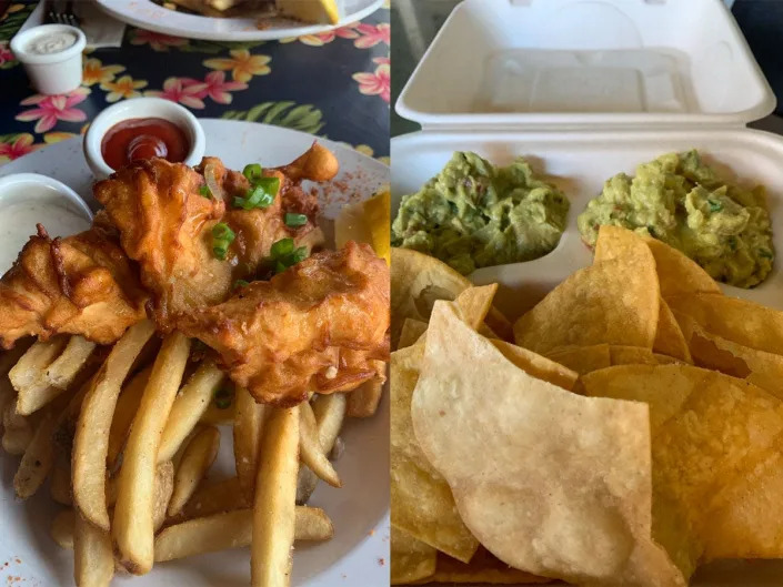 fried meat on top of fries (left) and chips and guac in a to-go container (right)