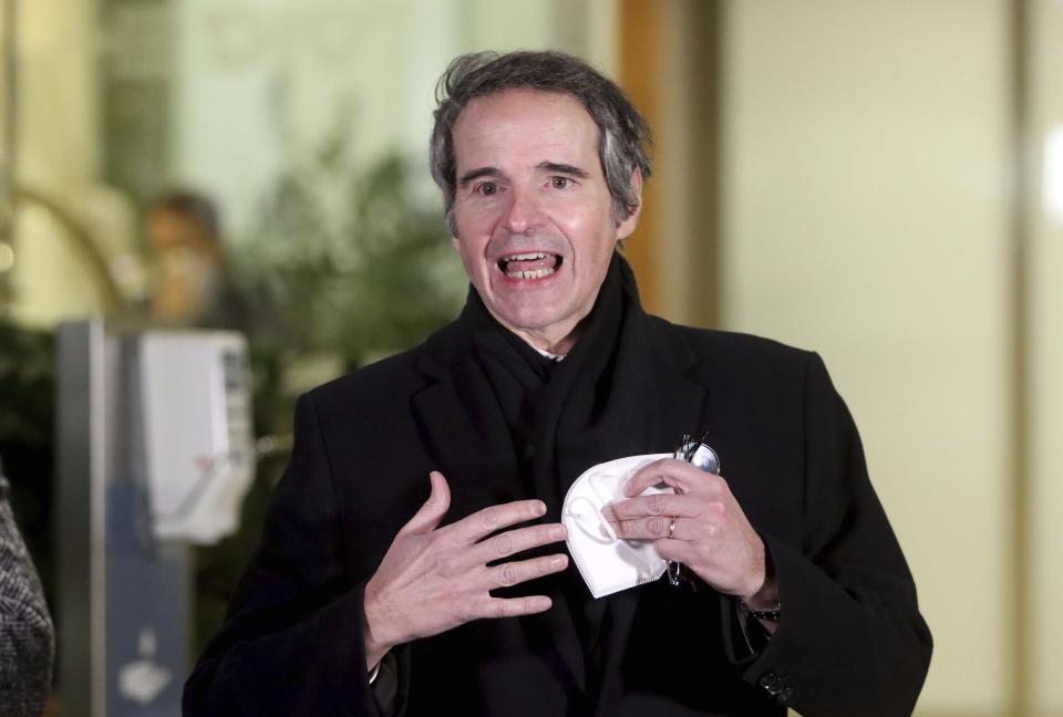 Director General of International Atomic Energy Agency, IAEA, Rafael Mariano Grossi from Argentina, speaks to the media after returning from Iran at the Vienna International Airport, Sunday, Feb. 21, 2021. (AP Photo/Ronald Zak)