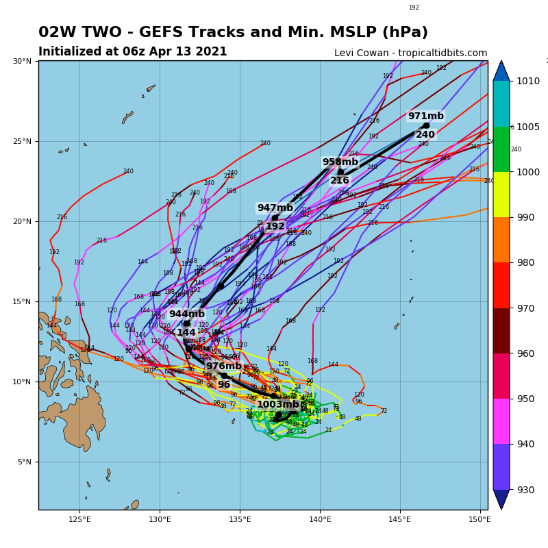 全球路徑模擬圖顯示舒力基可能會北轉。（圖／翻攝Tropical Tidbits）