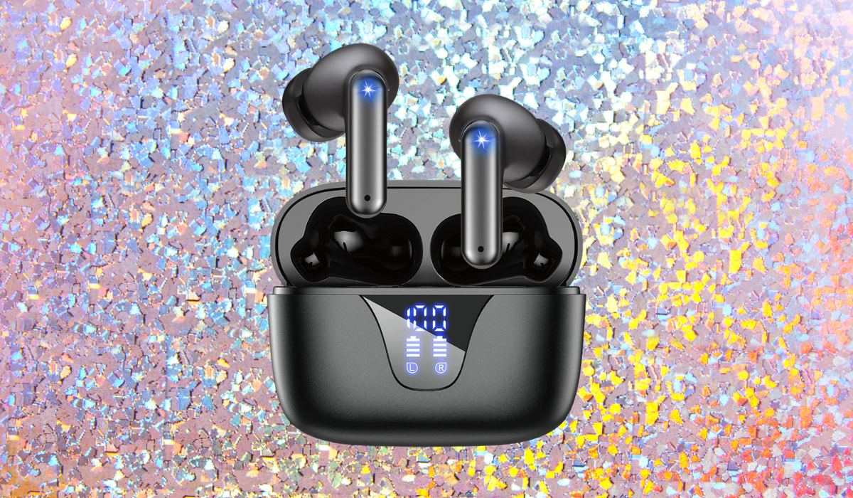 Earbuds in case with digital display.