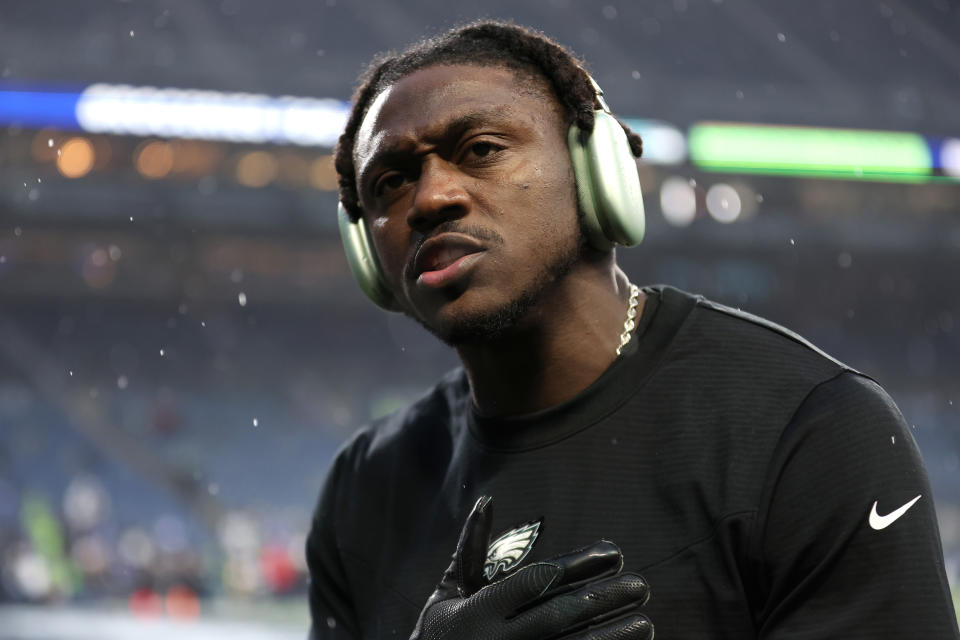 SEATTLE, WASHINGTON – DECEMBER 18: A.J. Brown #11 of the Philadelphia Eagles warms up before a game against the <a class="link " href="https://sports.yahoo.com/nfl/teams/seattle/" data-i13n="sec:content-canvas;subsec:anchor_text;elm:context_link" data-ylk="slk:Seattle Seahawks;sec:content-canvas;subsec:anchor_text;elm:context_link;itc:0">Seattle Seahawks</a> at Lumen Field on December 18, 2023 in Seattle, Washington. (Photo by Steph Chambers/Getty Images)