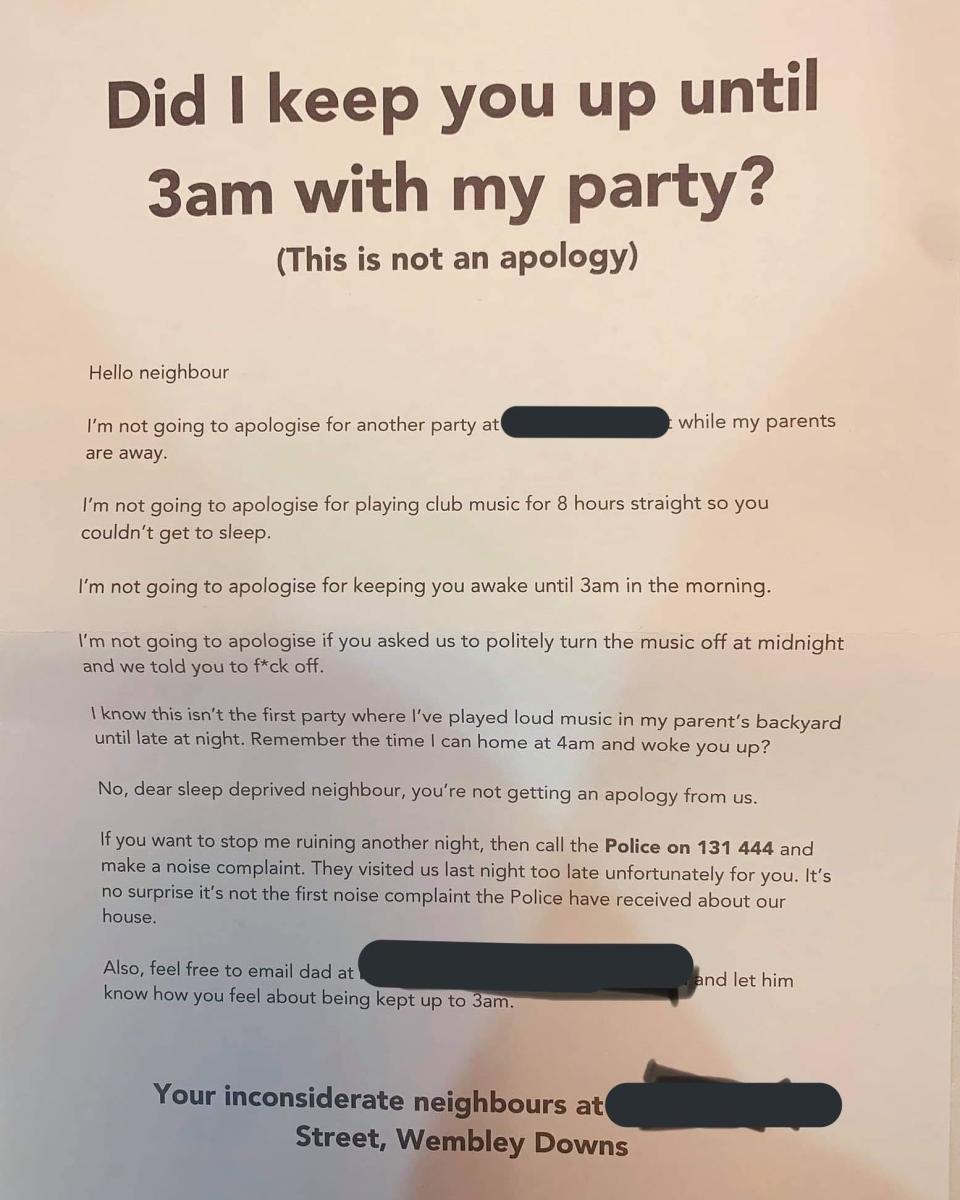 An angry 'boomer' has left a sarcastic note for his neighbour after being kept up all night by a raging house party in Perth. Photo: Facebook