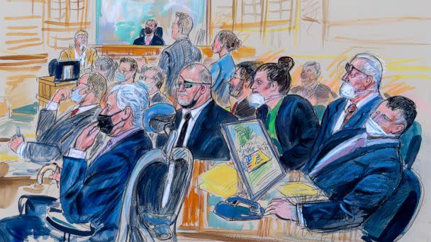 PHOTO: This artist sketch depicts the trial of Oath Keepers leader Stewart Rhodes and four others charged with seditious conspiracy in the Jan. 6, 2021, Capitol attack, in Washington, D.C., Oct. 6, 2022.  (Dana Verkouteren via AP, FILE)