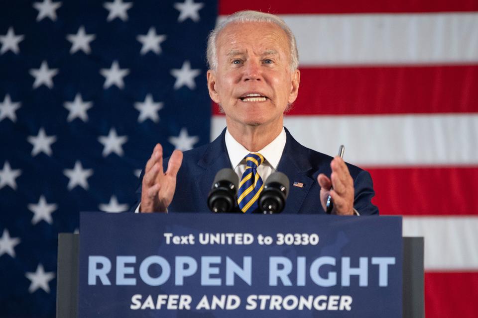 Democratic presidential candidate Joe Biden speaks about reopening the country during a speech in Darby, Pennsylvania, on June 17, 2020. (Photo by JIM WATSON / AFP) (Photo by JIM WATSON/AFP via Getty Images)