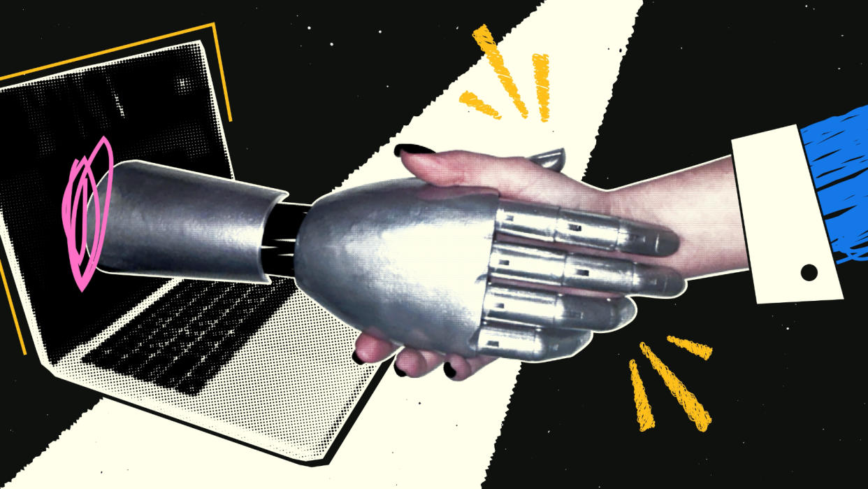  Handshake between robot and human in retro collage style. 