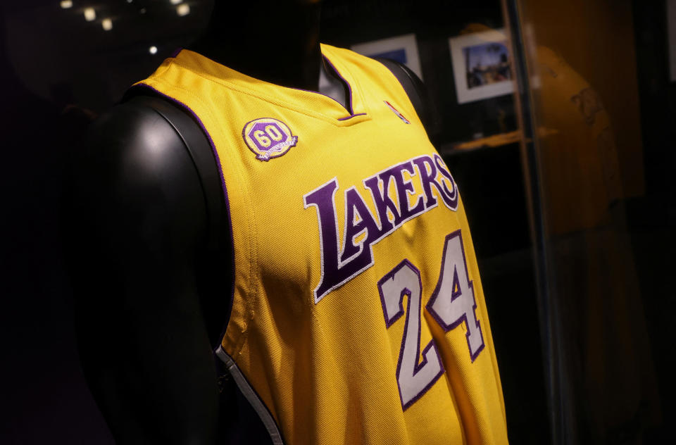 A game-worn and signed Los Angeles Lakers Kobe Bryant No. 24 jersey worn by Kobe during his MVP 2007-2008 NBA season ahead of its auction in New York City. Feb. 1, 2023. / Credit: MIKE SEGAR / REUTERS
