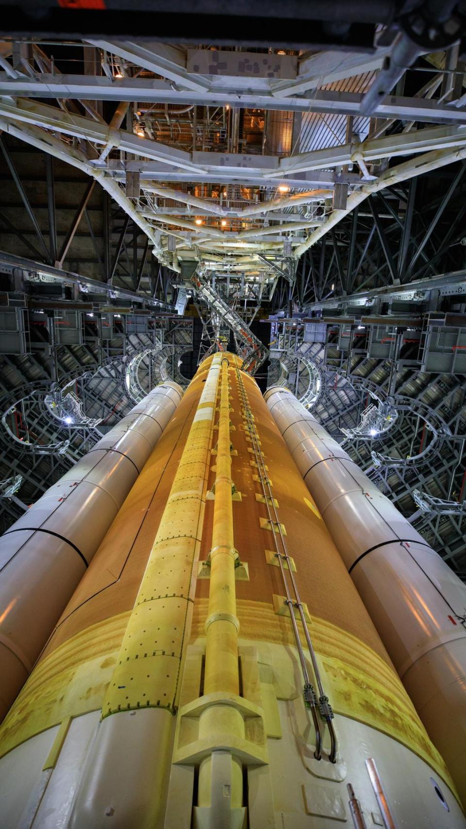 This close-up view shows the SLS rocket for Artemis I inside High Bay 3 of the Vehicle Assembly Building (VAB) at NASA’s Kennedy Space Center in Florida on Sept. 20, 2021.