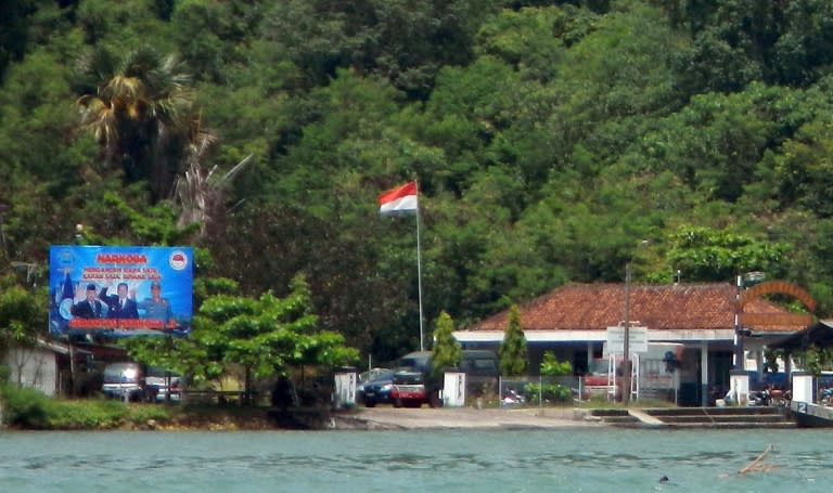 A giant banner reading 'Narcotics threaten everyone, eradicate narcotics,' pictured on Indonesia's Nusakambangan prison island where the country's executions are usually carried out