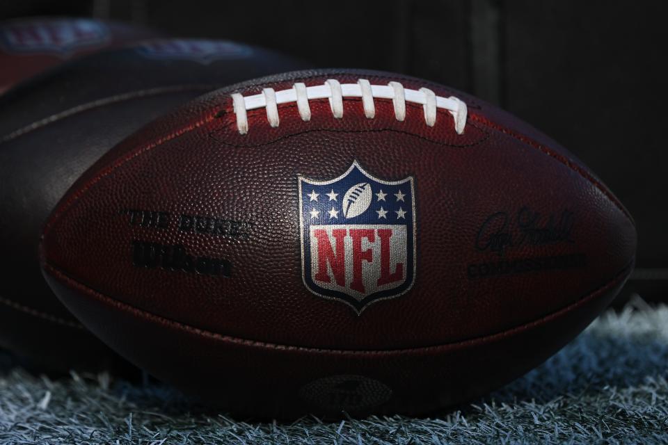 CHARLOTTE, NORTH CAROLINA - SEPTEMBER 18: A detail view of a football on the sideline is seen prior to the game between the New Orleans Saints and the Carolina Panthers at Bank of America Stadium on September 18, 2023 in Charlotte, North Carolina. (Photo by Grant Halverson/Getty Images)