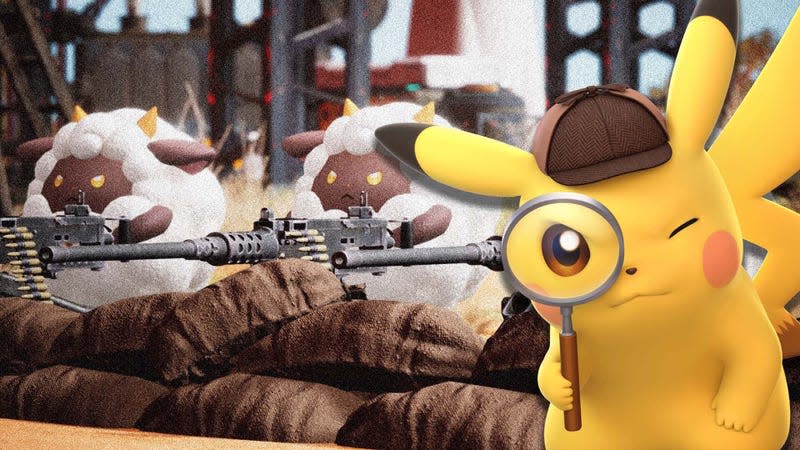 Detective Pikachu is shown in front of Palworld sheep shooting guns.