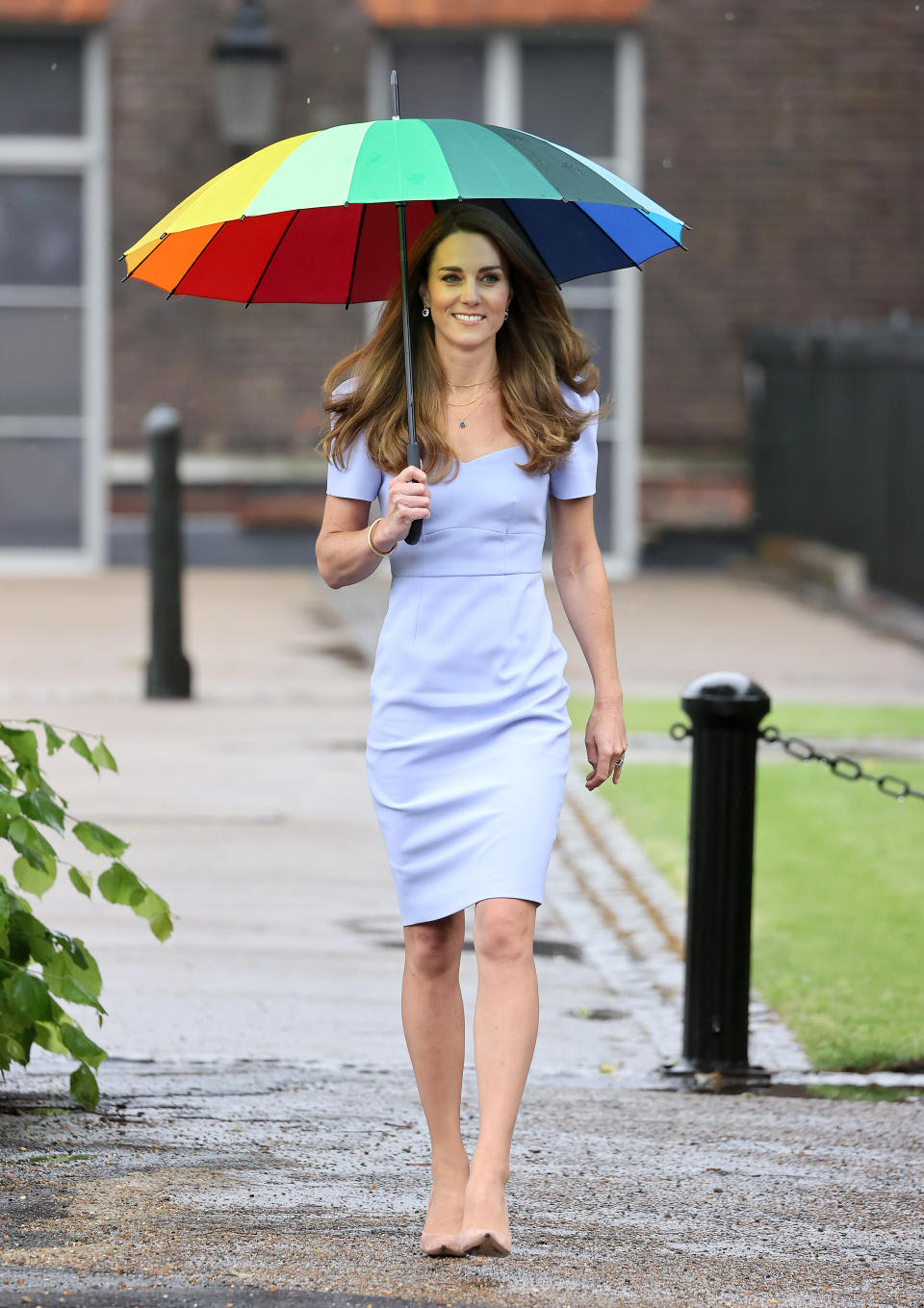 The Duchess of Cambridge at Kensington Palace on 18 June 2021 wearing L.K. Bennett's Dee Pale Blue Crepe Shift Dress. (Chris Jackson/Getty Images)