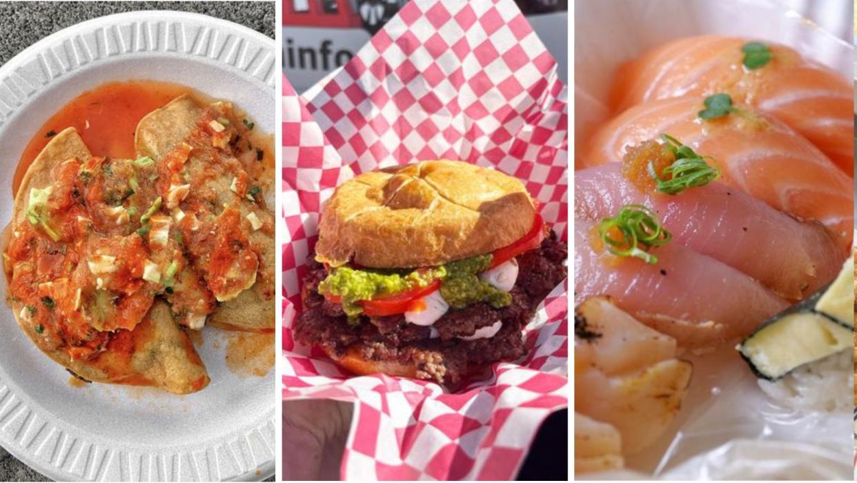 Close-up images of food truck food, including fried shrimp tacos, a burger, and sushi