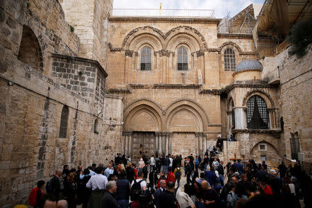 A general view of the entrance and the closed doors of the Church of the Holy Sepulchre in Jerusalem's Old City, February 25, 2018. REUTERS/Amir Cohen