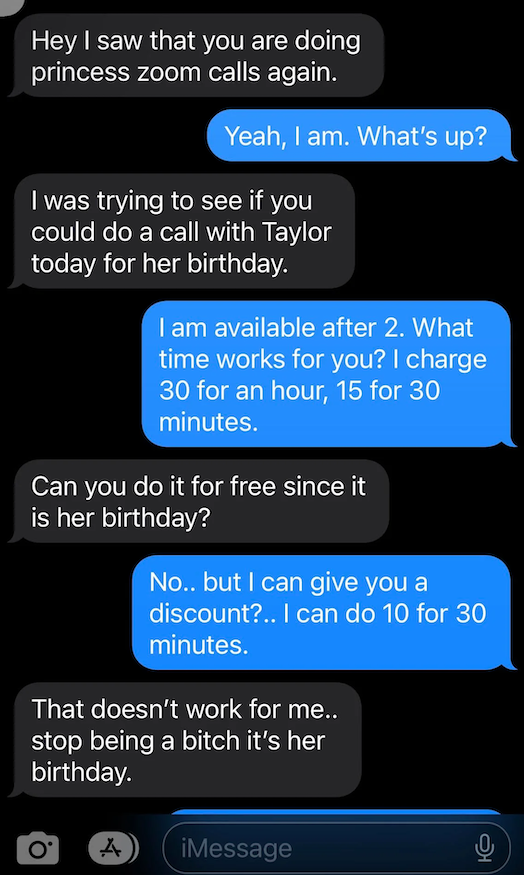 person asks for the service to be for free saying, stop being a bitch it's her birthday