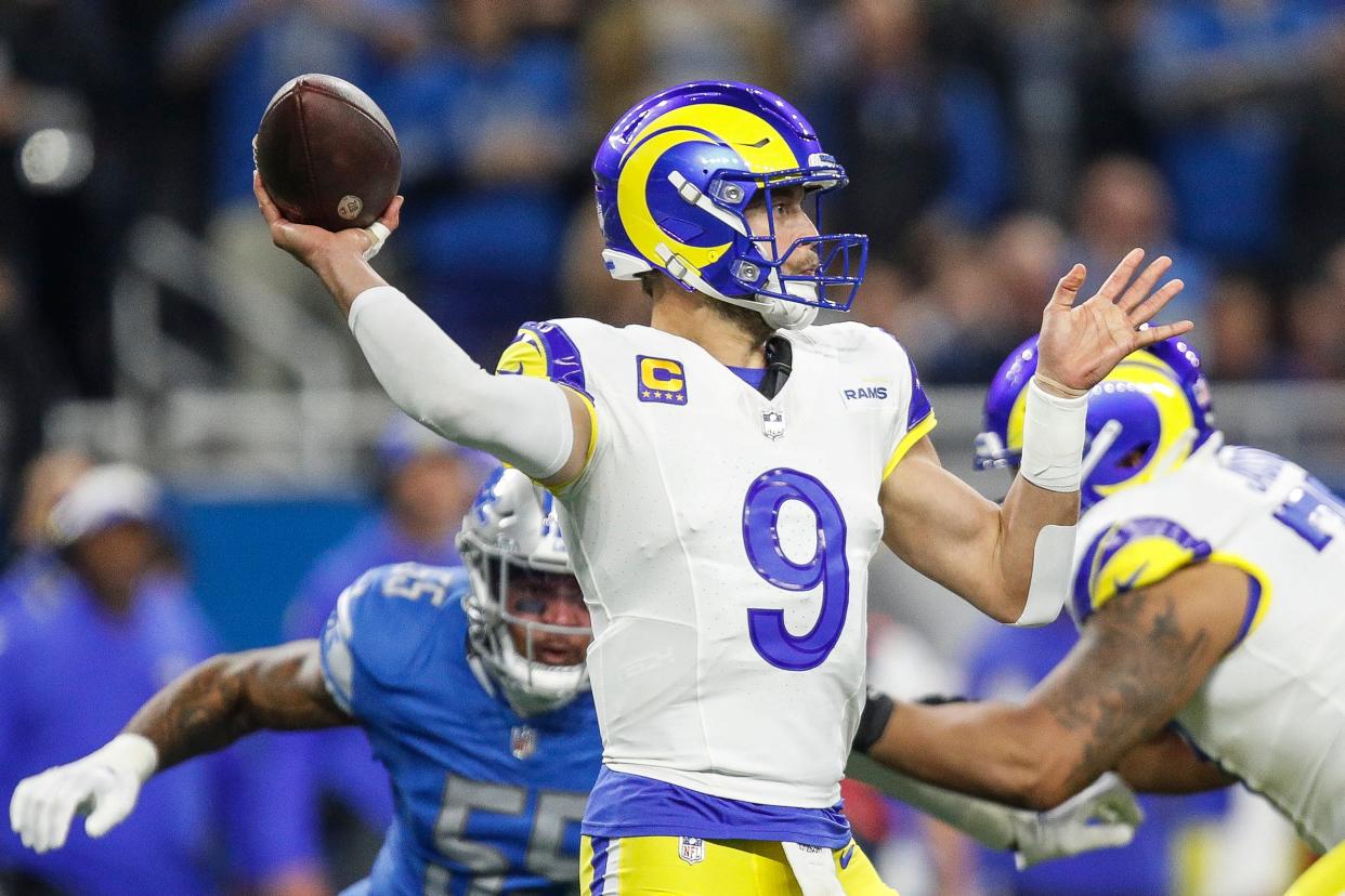 L.A. Rams quarterback Matthew Stafford passes against the Detroit Lions during the first half of the NFC wild-card game at Ford Field in Detroit on Sunday, Jan, 14, 2024.