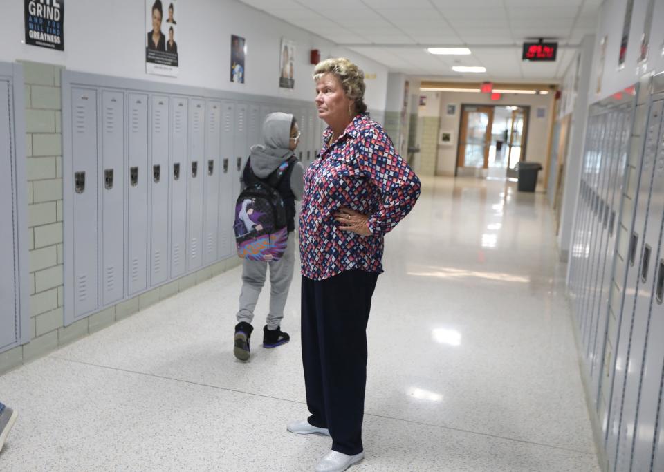 East High School superintendent Marlene Blocker talks with students as she walks the halls at East Lower School in Rochester Tuesday, Dec. 12, 2023. Every student she encountered called to her by name.