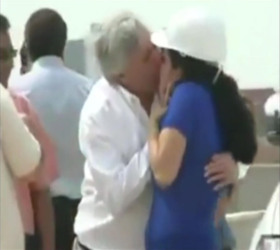 In this Aug. 2010 frame grab taken from APTN video provided by UNITEL, Santa Cruz Mayor Percy Fernandez grabs and kisses a female engineer during a bridge inspection event in Santa Cruz, Bolivia. In a different situation, Fernandez was filmed grabbing the thigh of journalist Mercedes Guzman during a broadcast event. On Monday, May 5, 2014 expressed "anguish for this mess that's been created," but did not specifically apologize for touching her. Fernandez has run into controversy before for his treatment of women. In 2012, he was filmed running his hands over the bottom of a female legislator at a ceremony. (AP Photo/UNITEL via APTN) NO ACCESS BOLIVIA - NO PUBLICAR EN BOLIVIA
