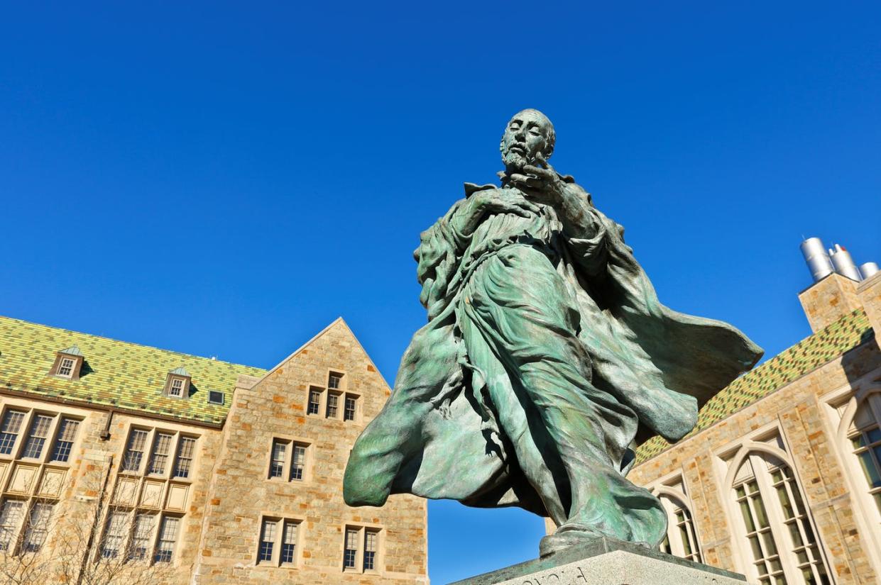 <span class="caption">Sculpture of St. Ignatius of Loyola, founder of the Jesuit order, on the campus of Boston College.</span> <span class="attribution"><a class="link " href="https://www.shutterstock.com/image-photo/boston-massachusetts-usa-december-25-2018-1269765691?src=wJcoOzCIEUWJnUpY0Ywnyw-1-44" rel="nofollow noopener" target="_blank" data-ylk="slk:Jay Yuan/Shutterstock.com;elm:context_link;itc:0;sec:content-canvas">Jay Yuan/Shutterstock.com</a></span>