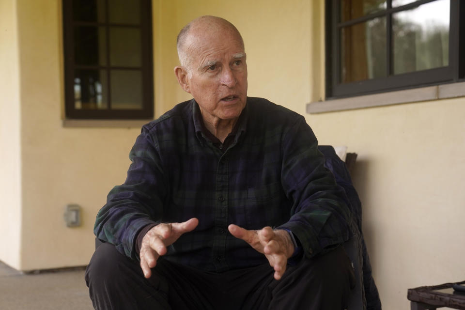 Former California Gov. Jerry Brown discusses his life out of office, at his ranch near Williams, Calif., Wednesday, March 2, 2022. Brown commended President Joe Biden for not raising the U.S. nuclear threat level after Russian President Vladimir Putin made veiled threats to use his country’s nuclear arsenal amid its war in Ukraine. Brown also urged Biden to resist Republican calls to increase oil production as gasoline prices soar. (AP Photo/Rich Pedroncelli)