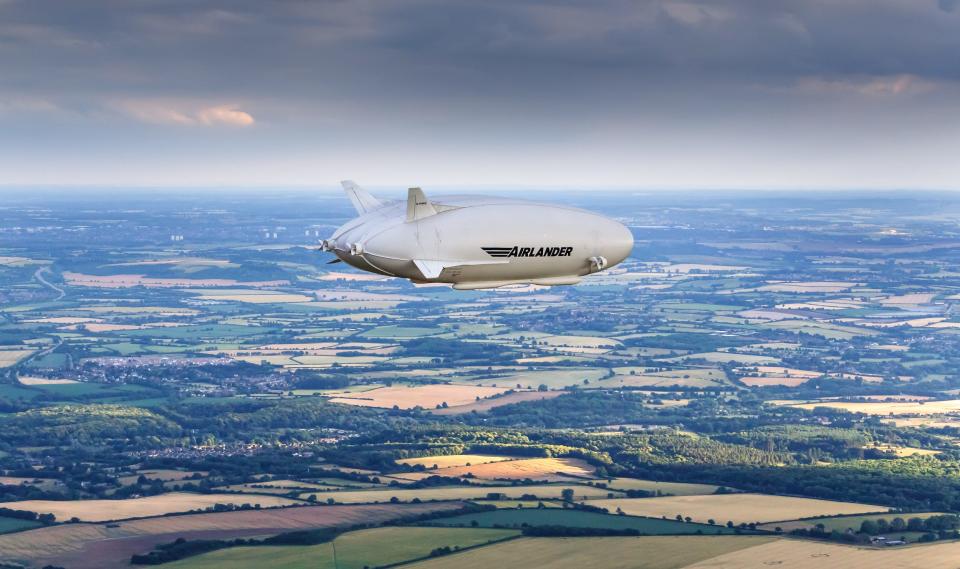 The Airlander 10 flying over fields