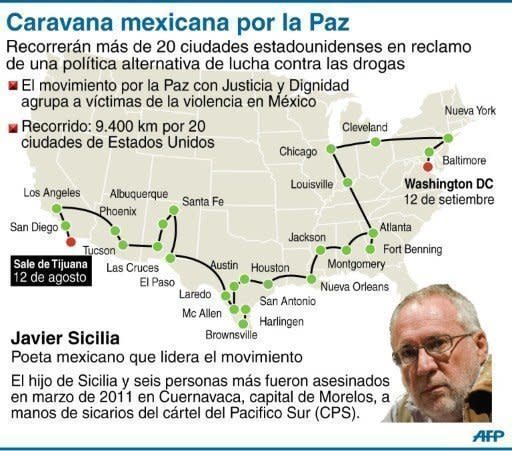 Mapa de la caravana por la Paz impulsada por víctimas de la violencia en México (AFP | gustavo izus/jennifer hennebert)