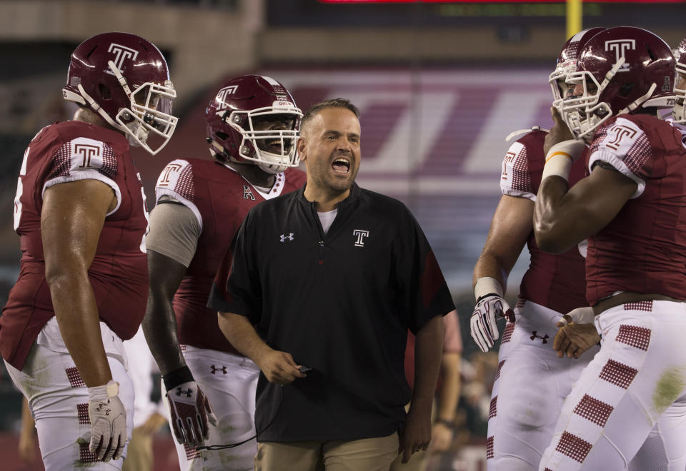 Then-Temple coach Matt Rhule yells to his team prior to a game against South Florida in 2016. (Mitchell Leff/Getty Images)