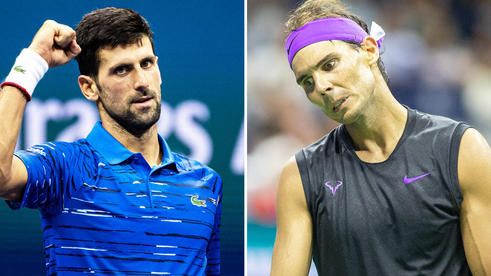 Novak Djokovic (pictured left) fist pumping and Rafa Nadal (pictured right) looking frustrated.