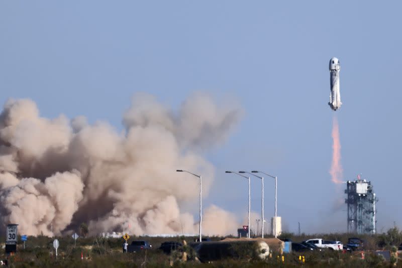 Blue Origin New Shepard rocket blasts off carrying Star Trek actor William Shatner on suborbital flight