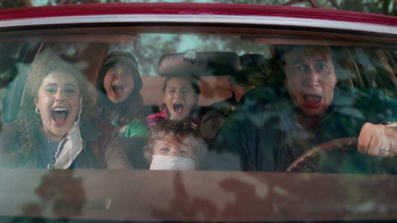  (Front L-R) Greta Gerwig as Babette, Dean Moore/Henry Moore as Wilder, and Adam Driver as Jack (Back L-R) Raffey Cassidy as Denise, May Nivola as Steffie and Sam Nivola as Heinrich in White Noise