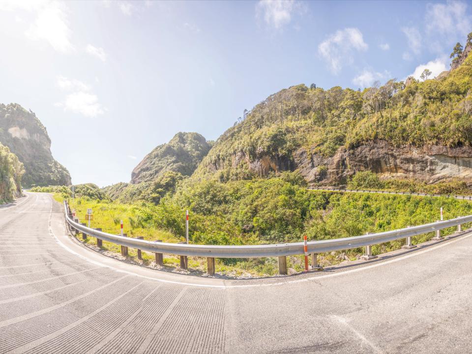 A winding road around green trees.