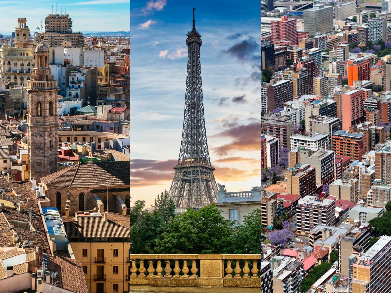 Valencia; Eiffel Tower in Paris; office blocks in Johannesburg