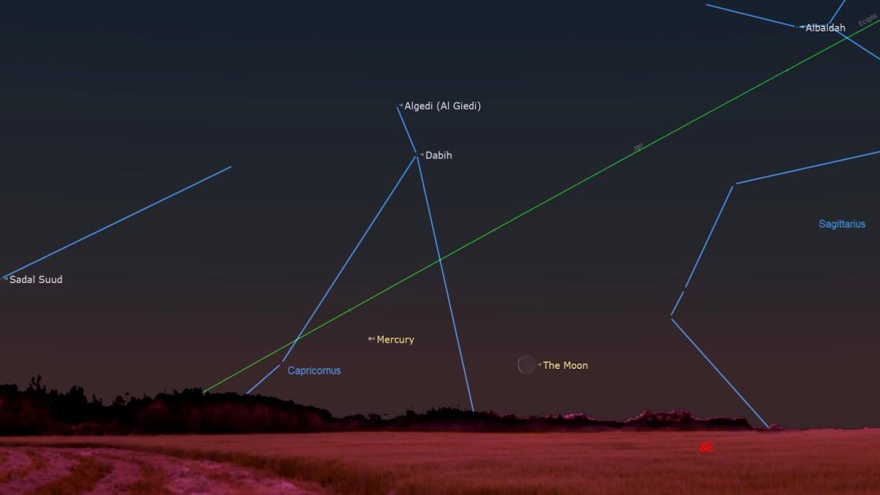  An illustration of the night sky on Feb. 18 showing the conjunction of Mercury and the moon. 
